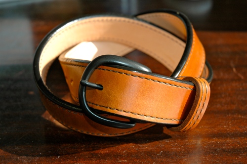 Tan Horsehide Belt with a Round Powder-Coated Black Buckle